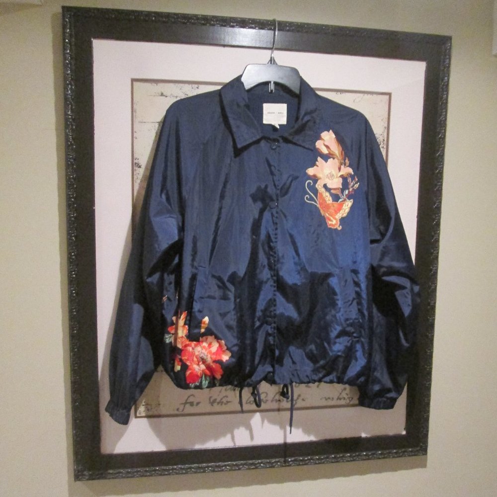 Navy Blue Floral Butterfly Windbreaker Jacket Coat